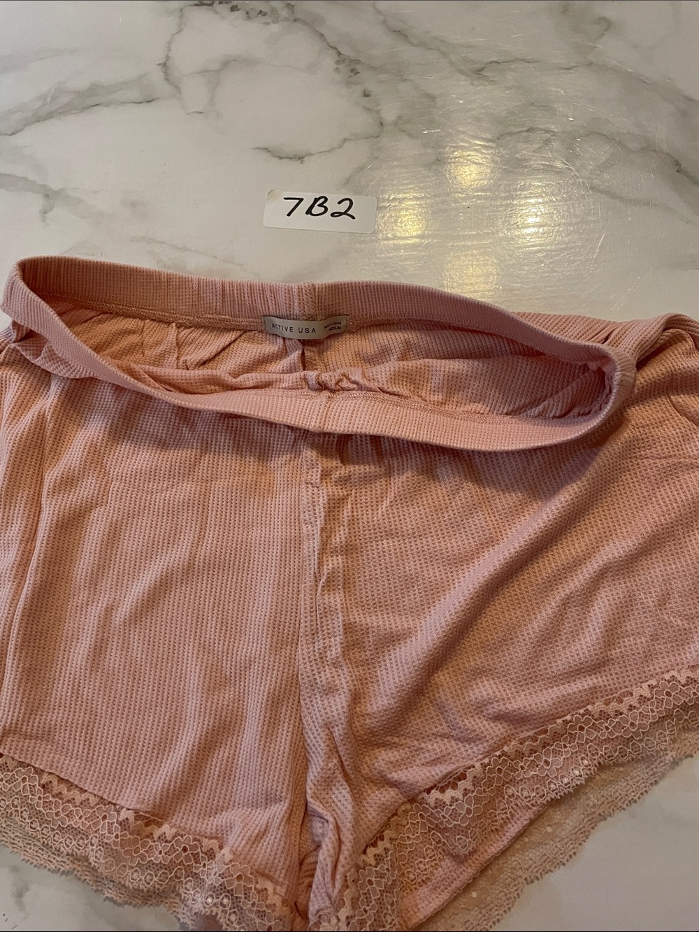 Active USA Pink Waffle Knit Lace-Trim Sleep Shorts